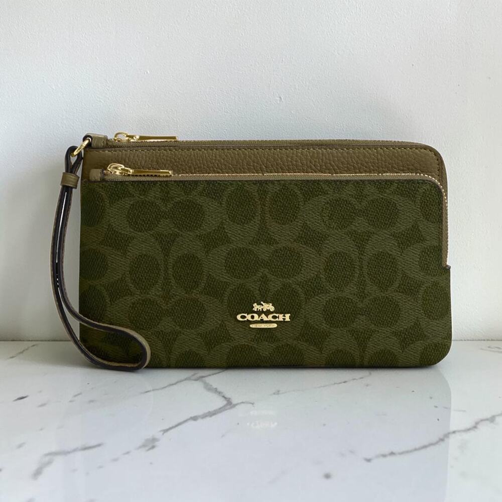 Coach Women's CX161 Double Zip Clutch Wallet Wristlet Signature Canvas Olive